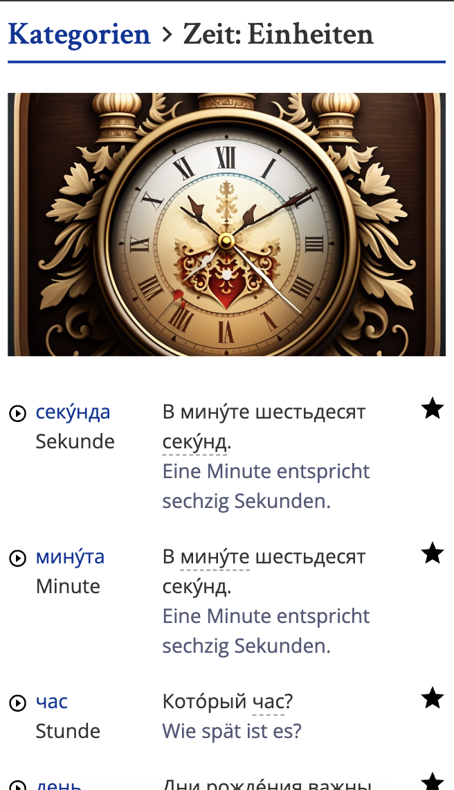 Screenshot der thematischen Vokabelkategorien auf OpenRussian